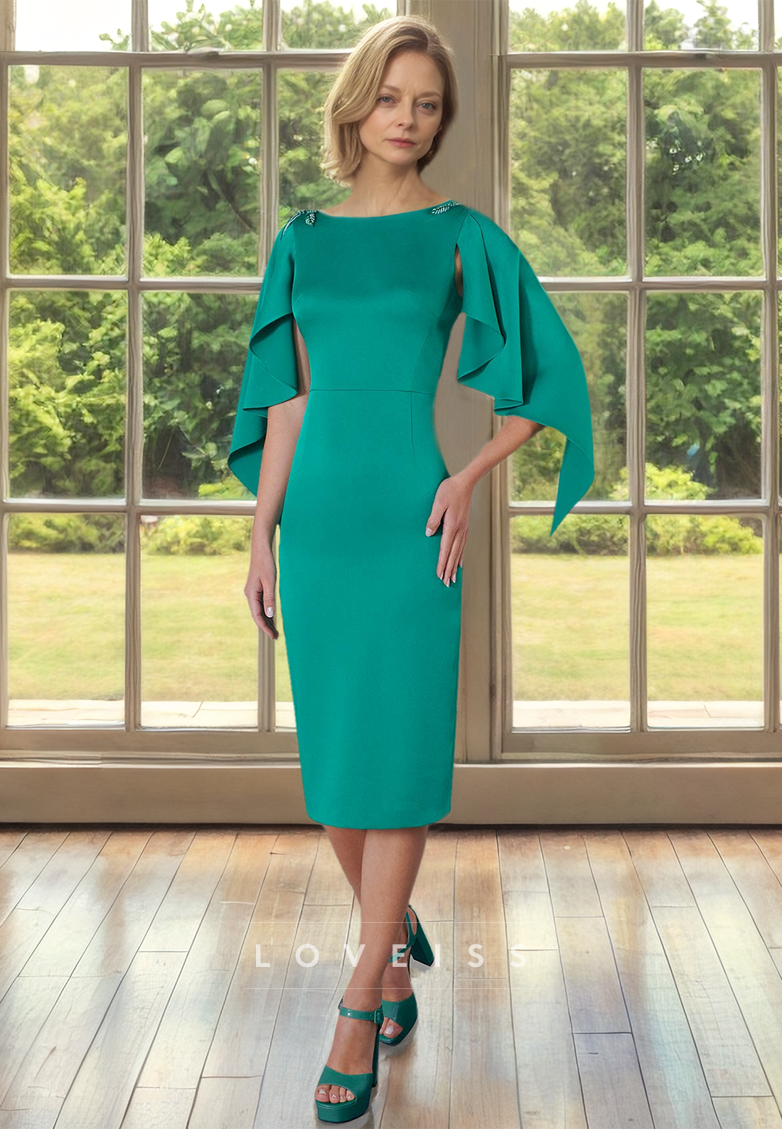 Scoop Long Sleeves Appliques Sleek Knee-Length Sheath Mother of Bride Dress