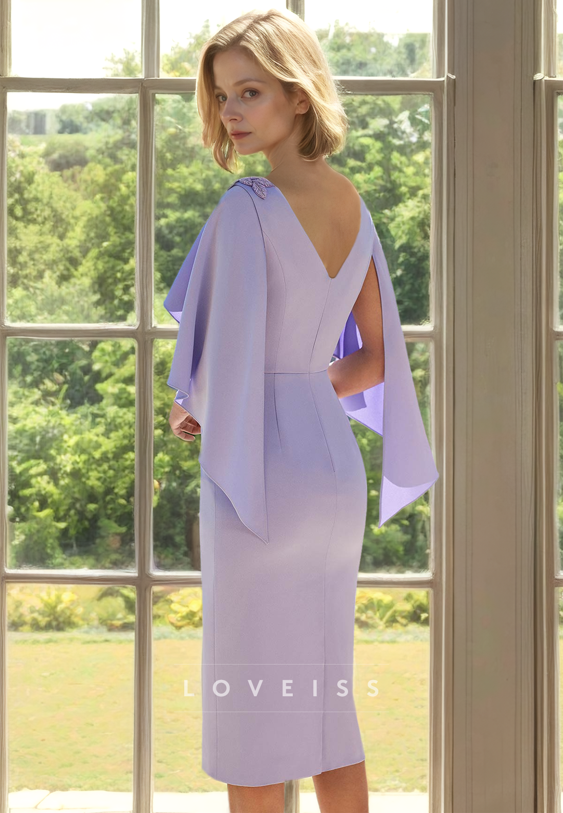 Scoop Long Sleeves Appliques Sleek Knee-Length Sheath Mother of Bride Dress