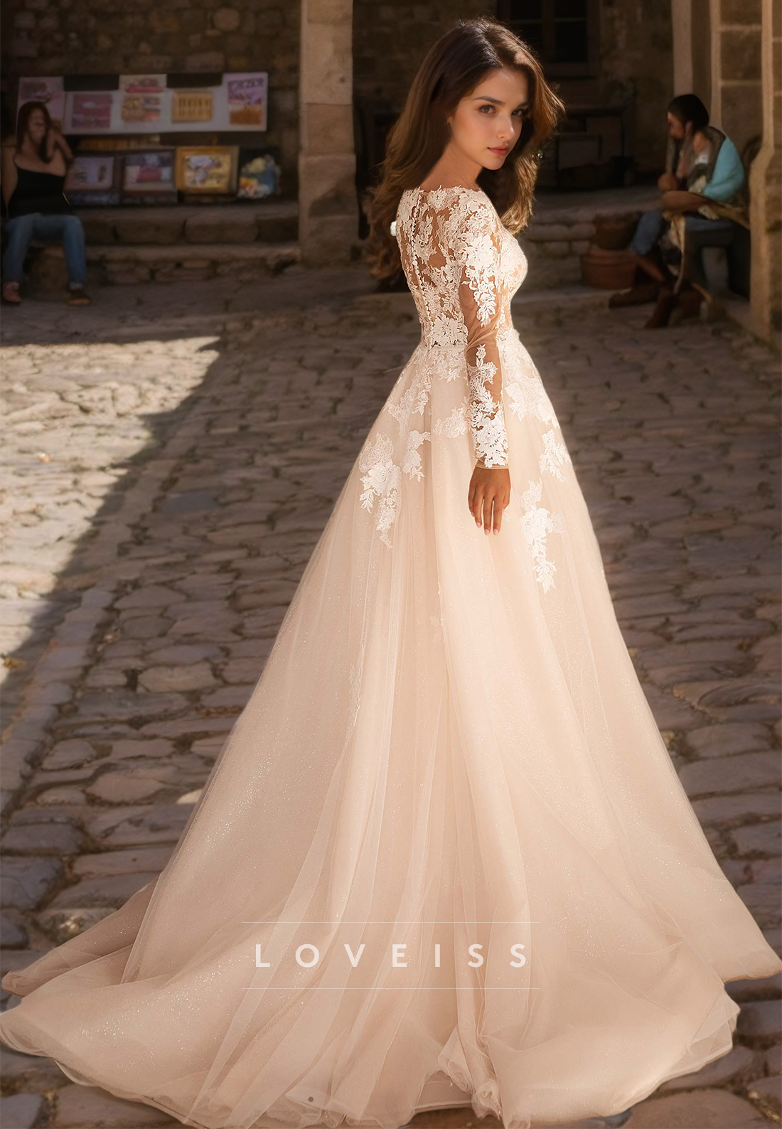Bateau Long Sleeves Appliques Tulle Ball Gown Wedding Dress