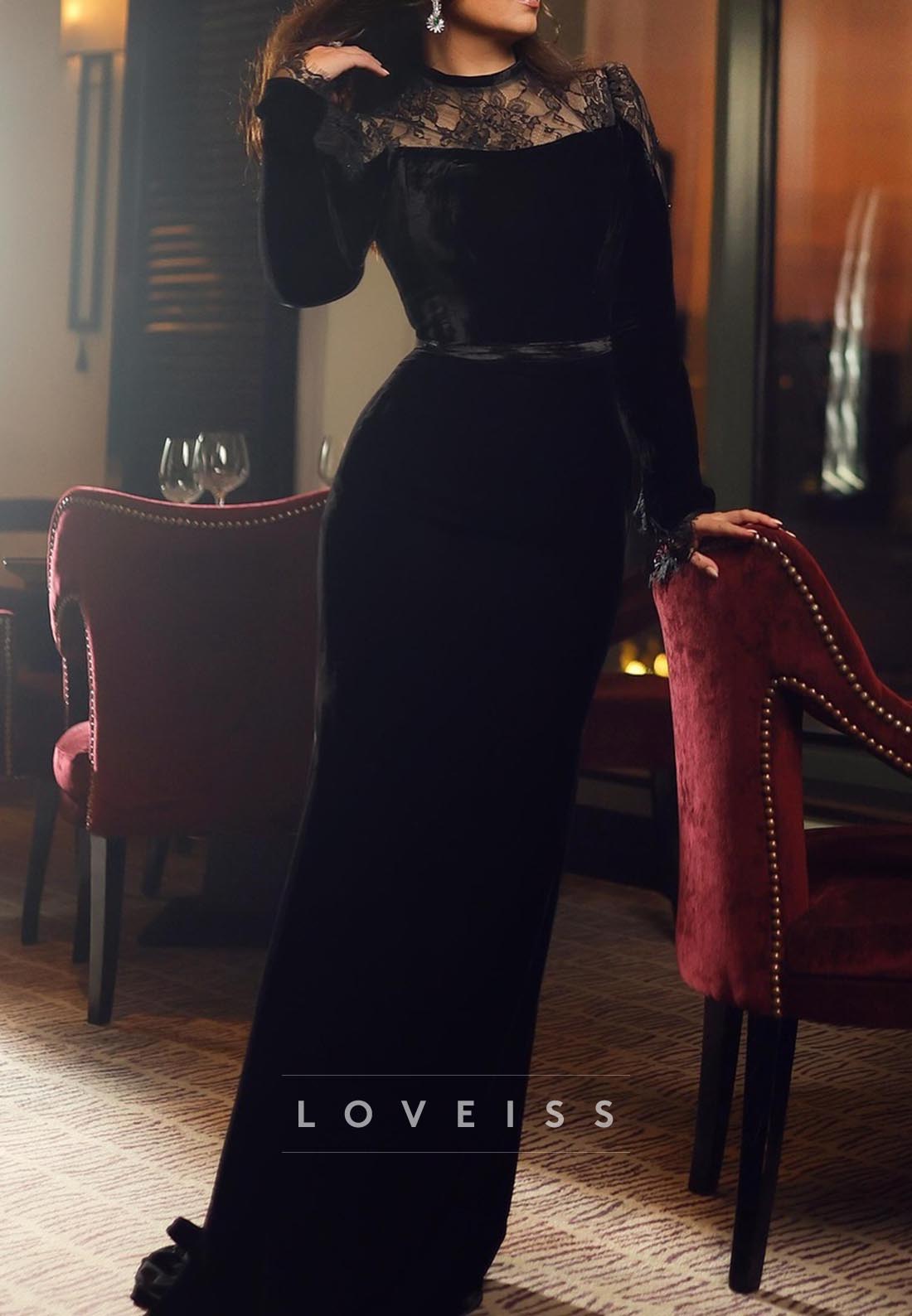Scoop Long Sleeves Appliques Velvet Mermaid Formal Dress