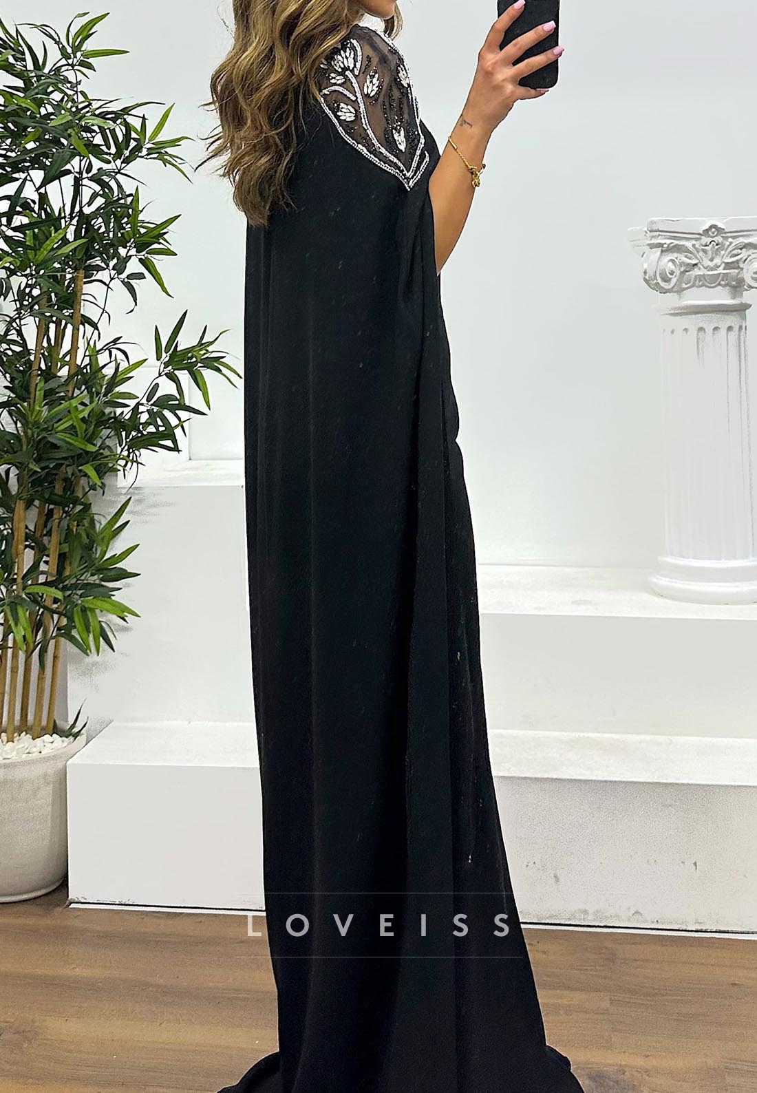 Scoop Long Sleeves Baeded Fitted Mermaid Evening Dress