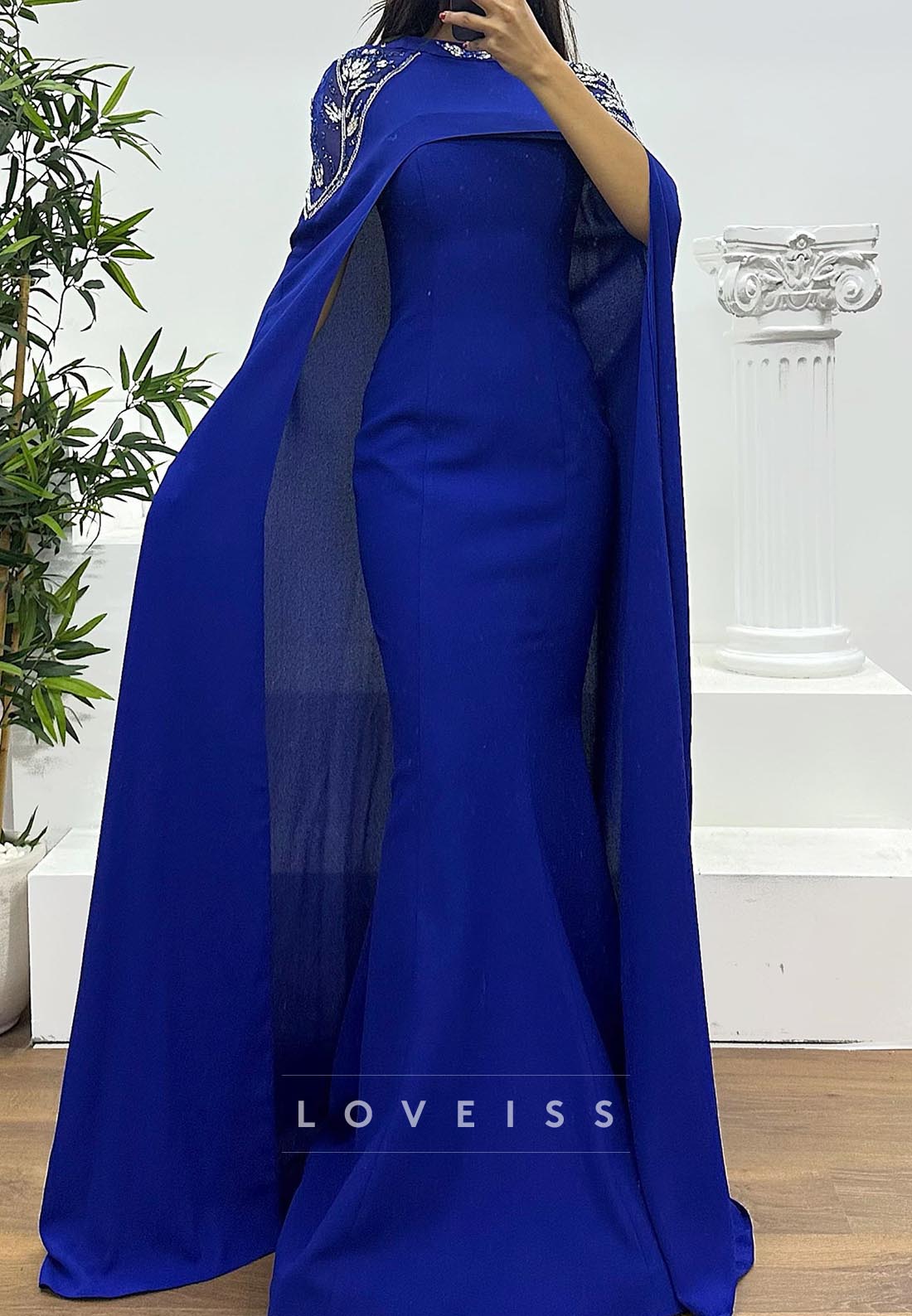 Scoop Long Sleeves Baeded Fitted Mermaid Evening Dress