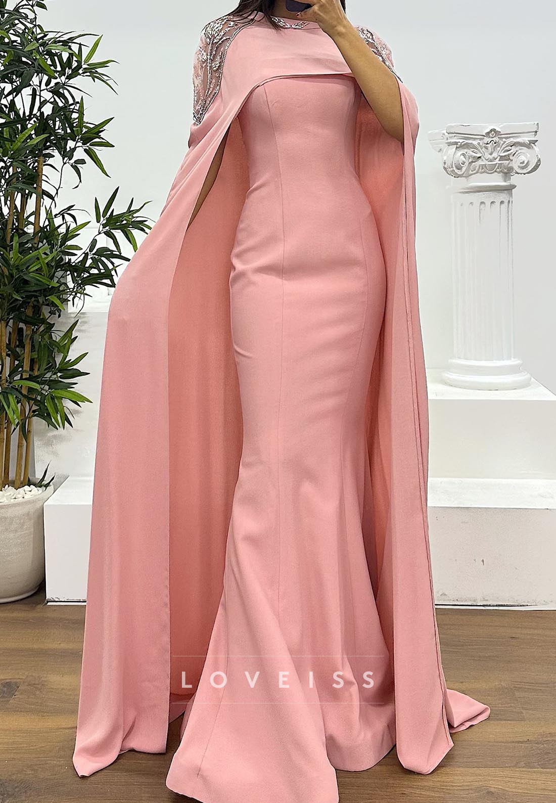 Scoop Long Sleeves Baeded Fitted Mermaid Evening Dress