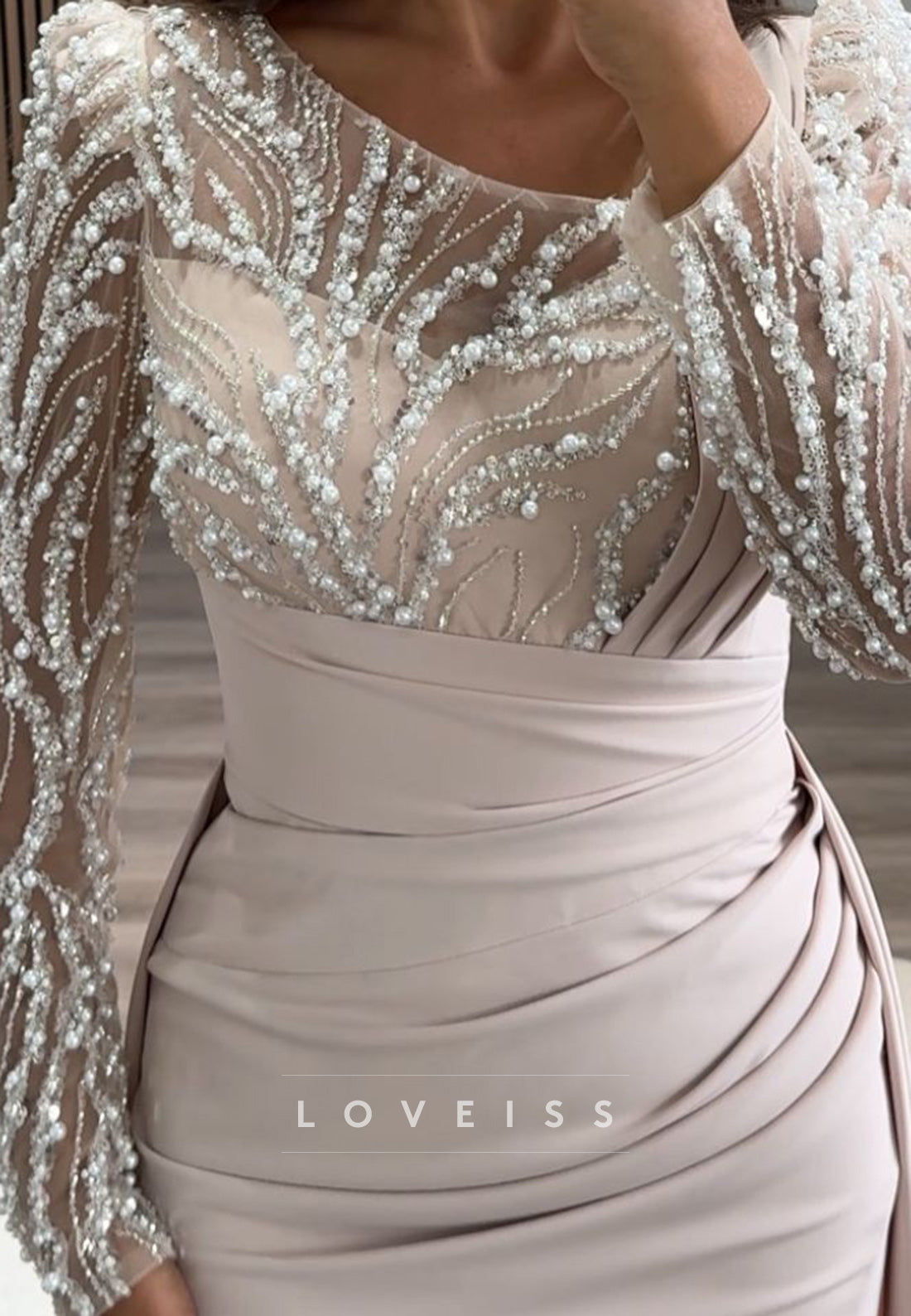 Scoop Long Sleeves Baeded Pleated Sheath Formal Dress