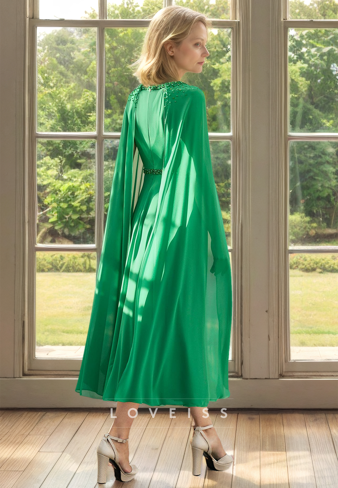 Scoop Long Sleeves Beaded Chiffon A-Line Mother of Bride Dress