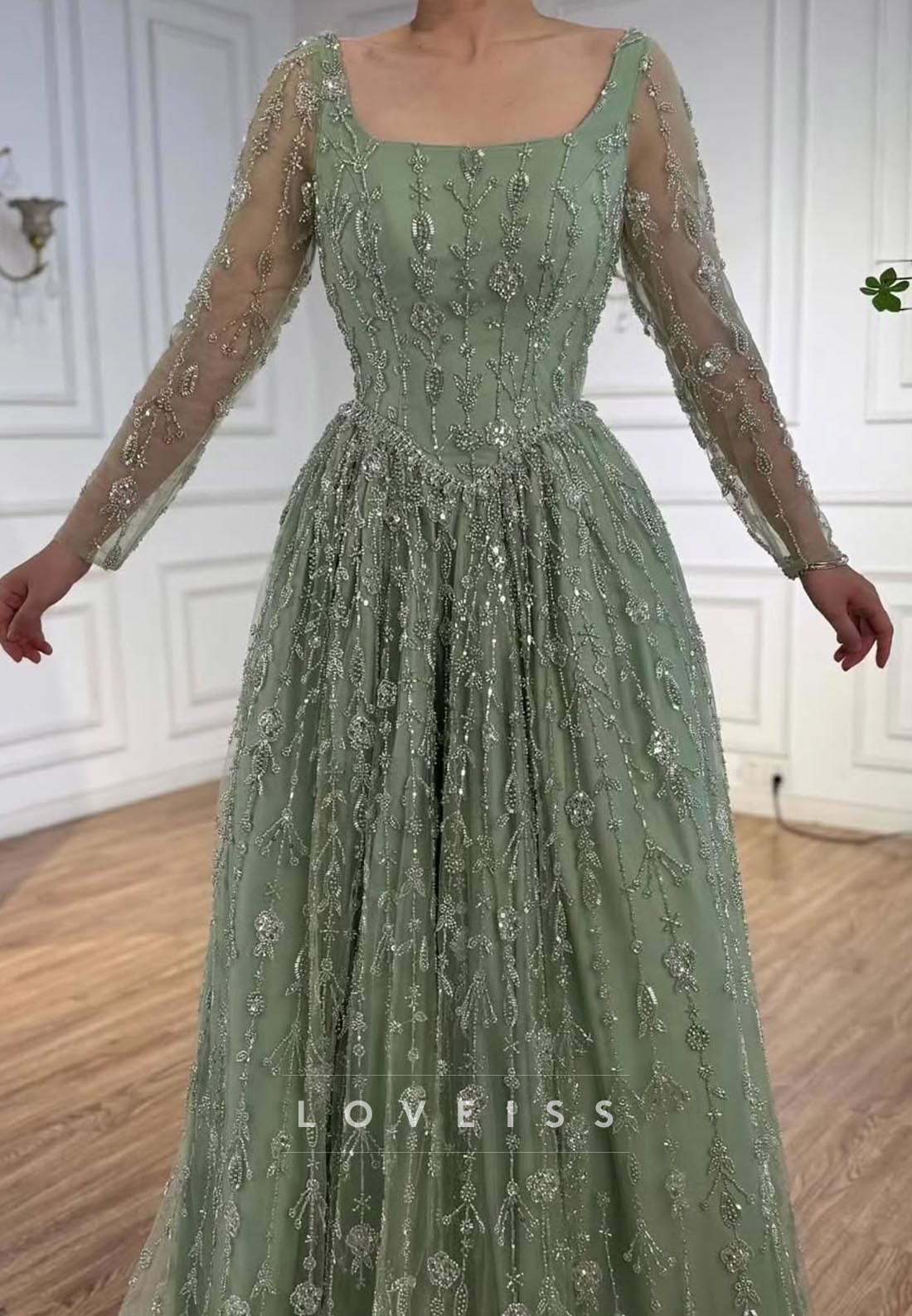 Scoop Long Sleeves Beaded Embroidery A-Line Prom Dress