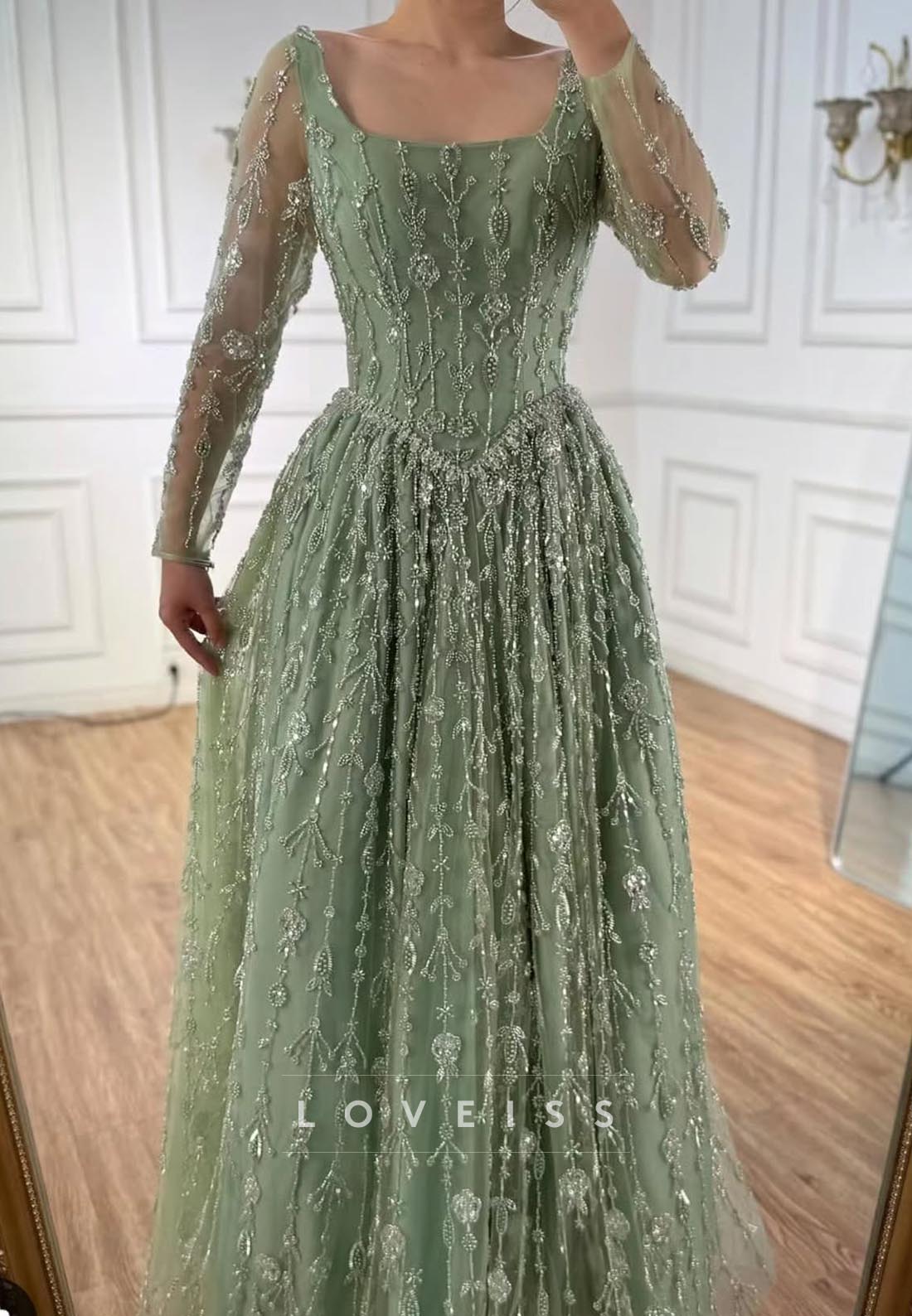 Scoop Long Sleeves Beaded Embroidery A-Line Prom Dress
