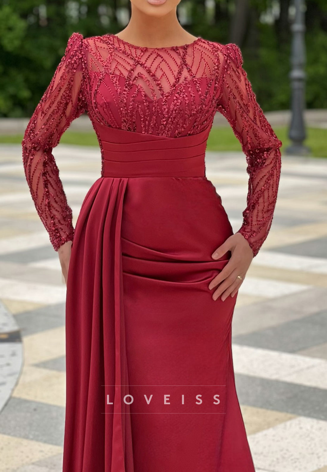 Scoop Long Sleeves Beaded Embroidery Mermaid Evening Dress