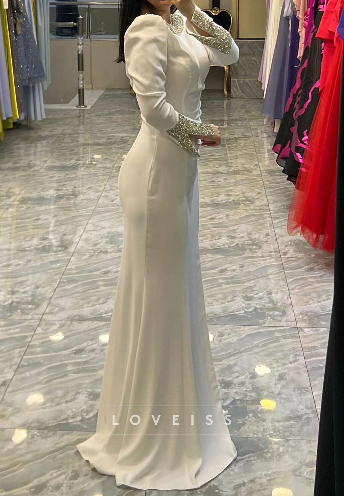 Scoop Long Sleeves Beaded Mermaid Evening Dress
