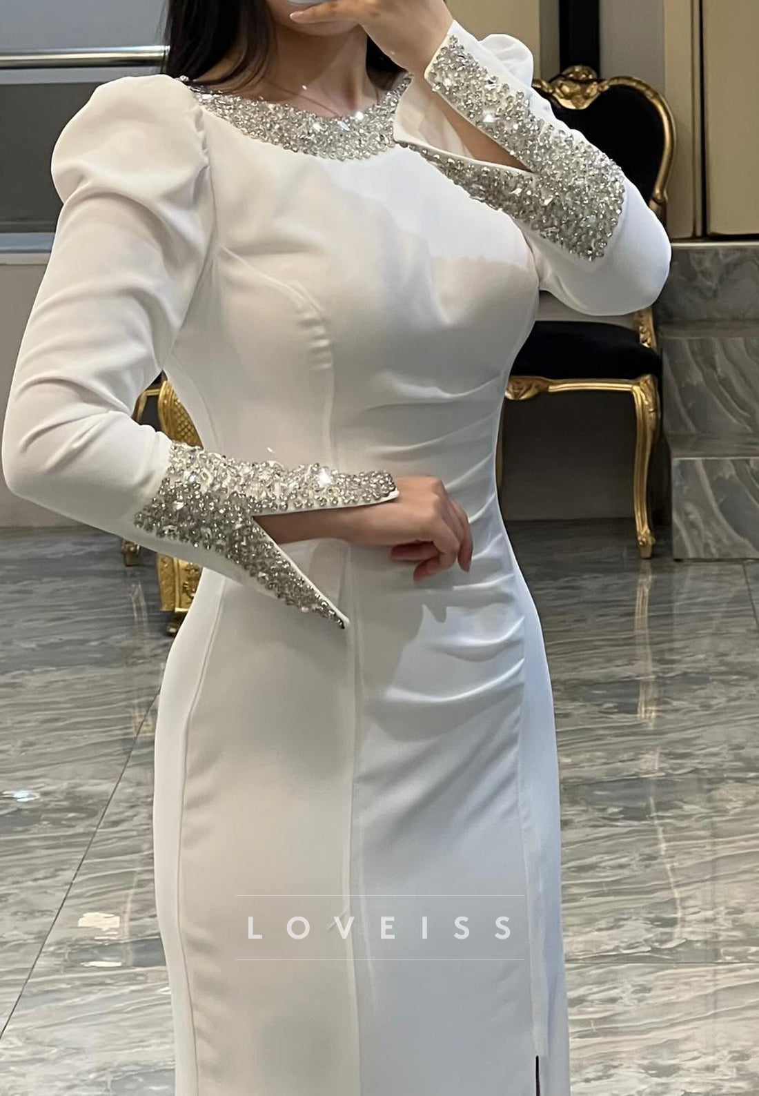 Scoop Long Sleeves Beaded Mermaid Evening Dress