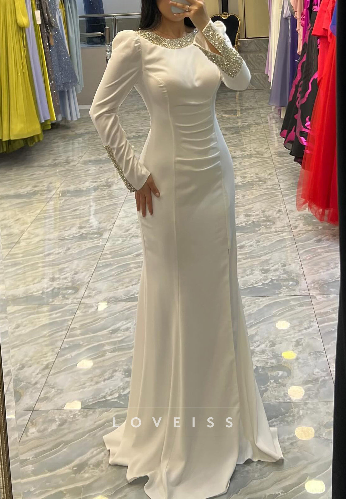 Scoop Long Sleeves Beaded Mermaid Evening Dress