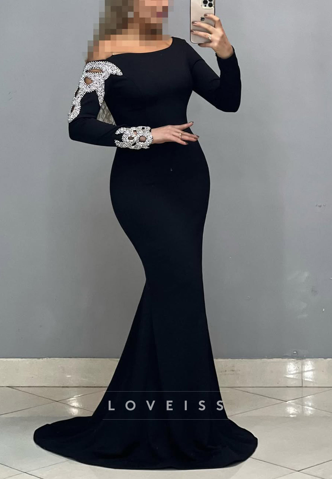 Scoop Long Sleeves Beaded Mermaid Formal Dress