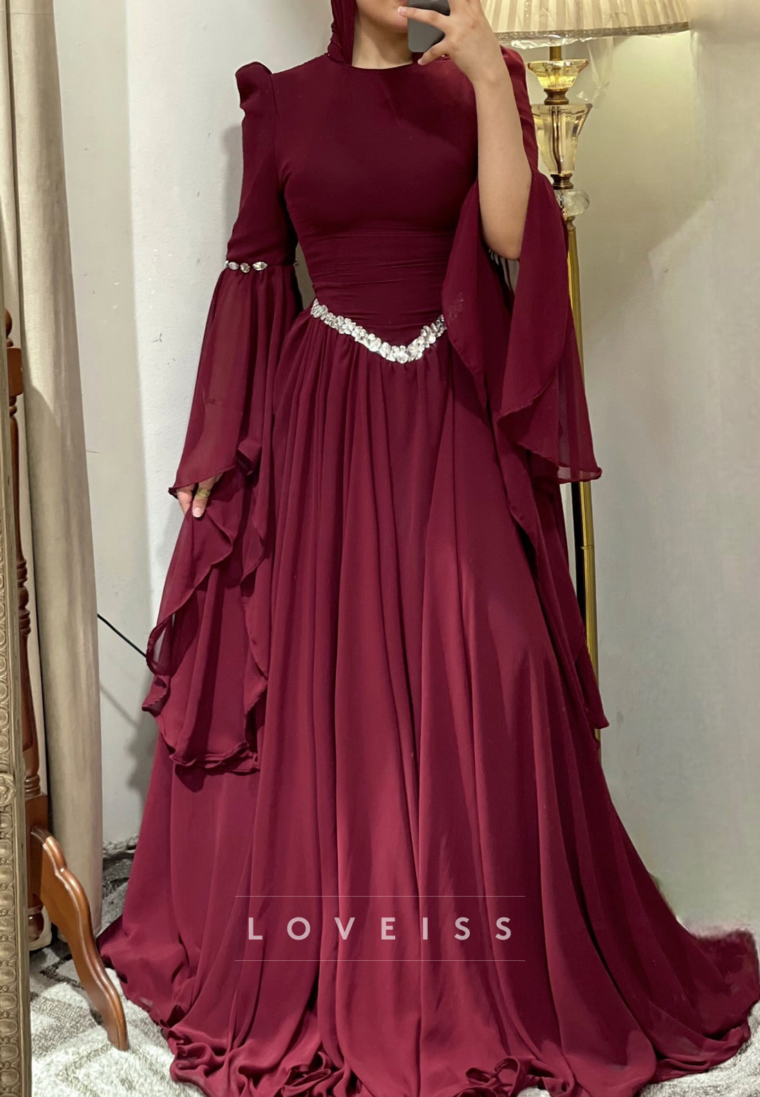 Scoop Long Sleeves Beaded Pleated A-Line Formal Dress