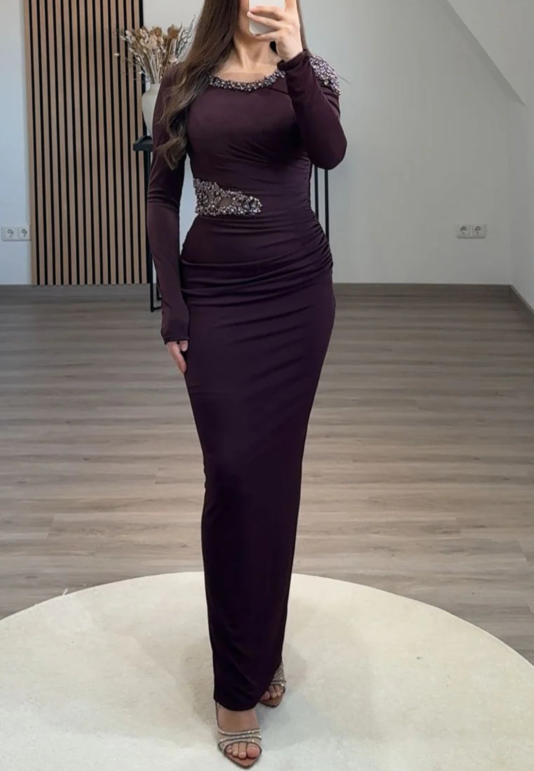 Scoop Long Sleeves Beaded Pleated Mermaid Formal Dress