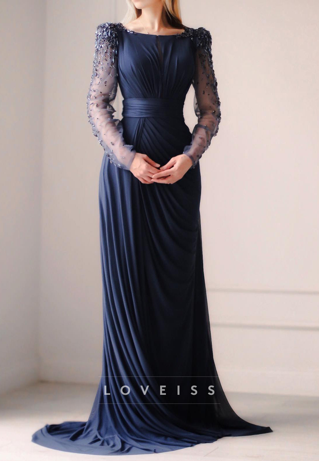 Scoop Long Sleeves Beaded Ruched Sheath Mother of Bride Dress