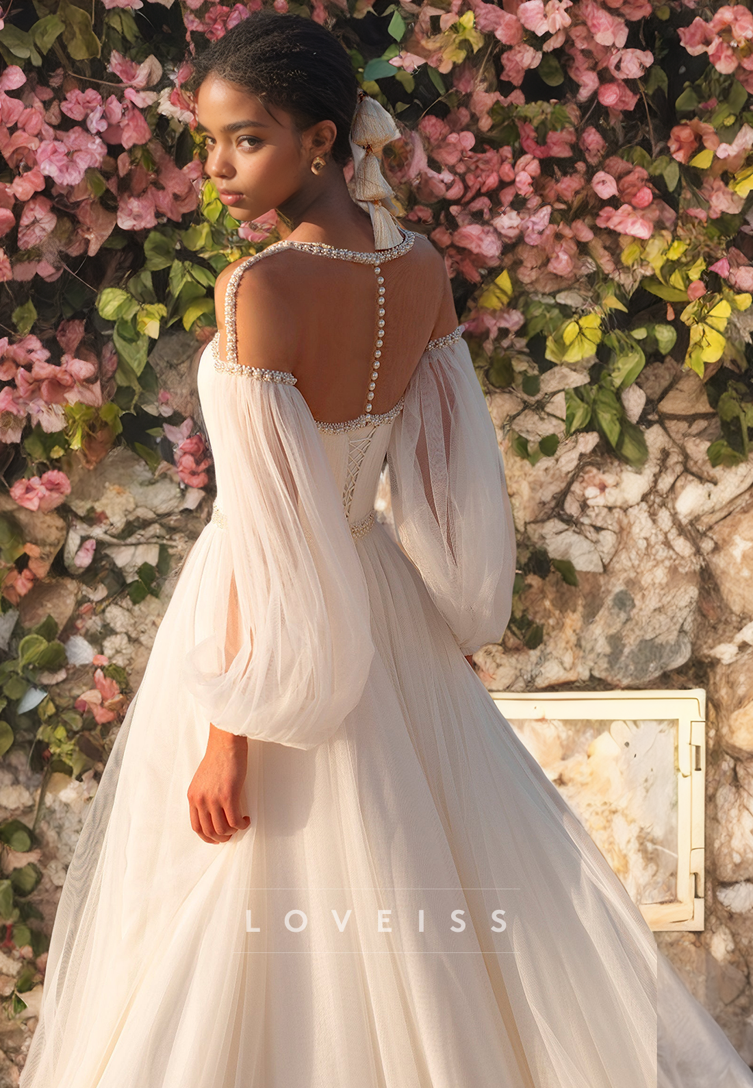 Scoop Long Sleeves Chiffon A-Line Beach Wedding Dress
