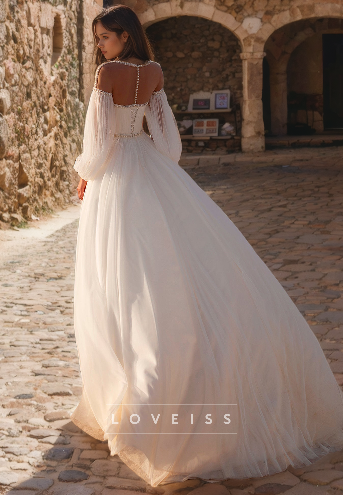 Scoop Long Sleeves Chiffon A-Line Beach Wedding Dress