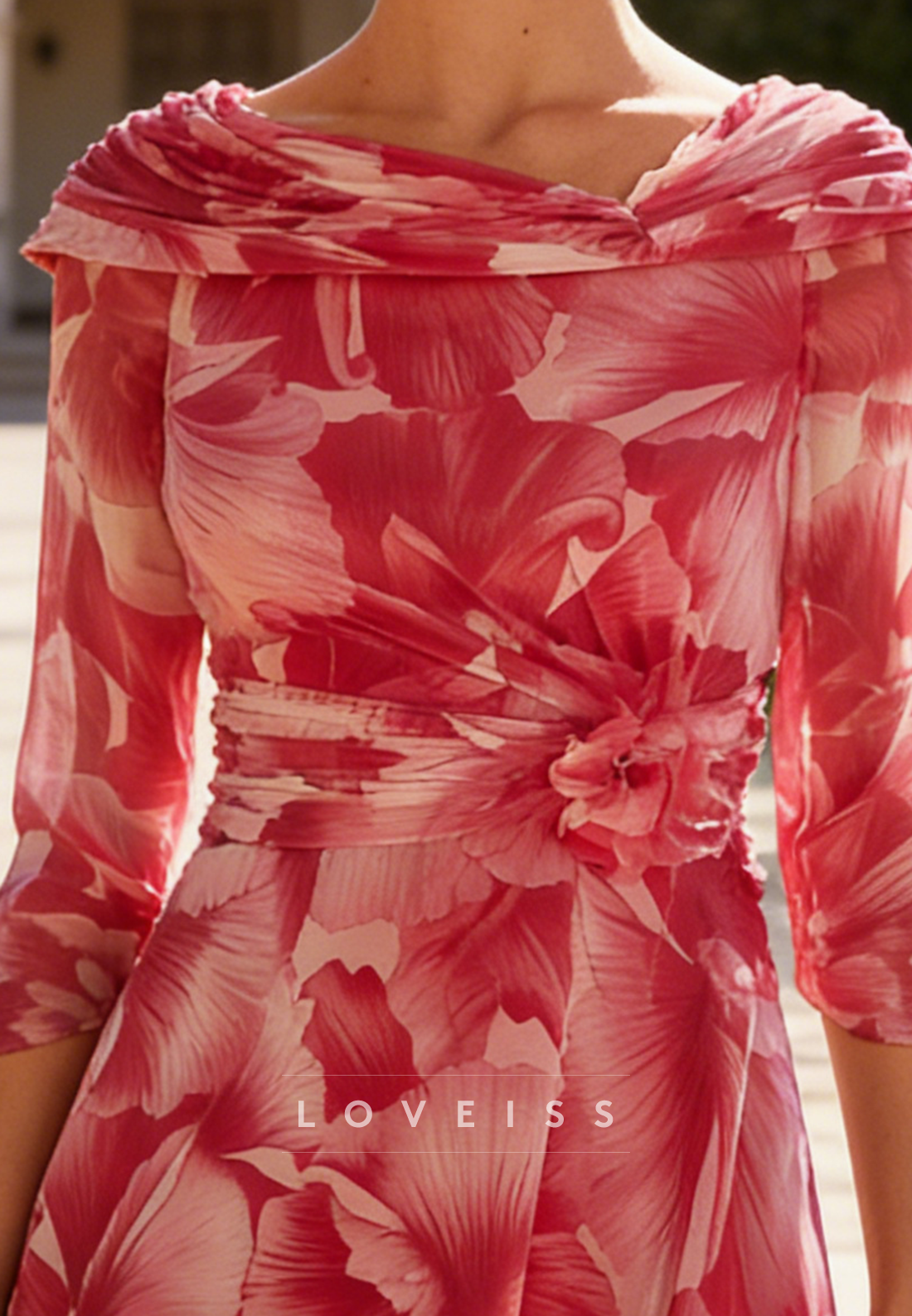 Scoop Long Sleeves Chiffon Floral Printed Cocktail Dress