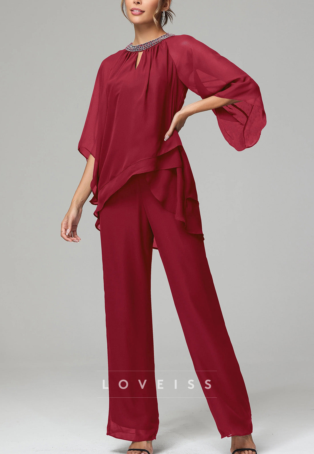 Scoop Long Sleeves Chiffon Juumpsuit Mother of Bride