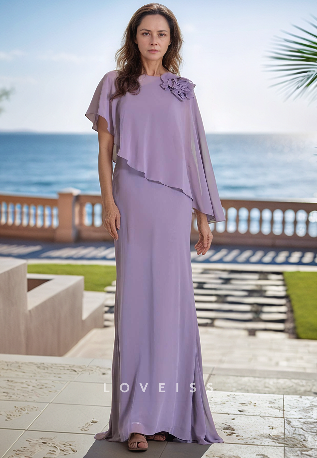Scoop Long Sleeves Chiffon Mermaid Mother of Bride Dress