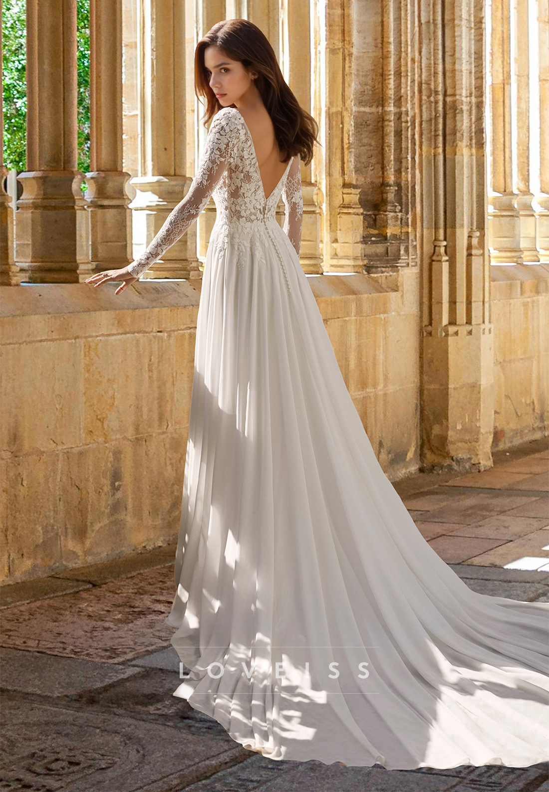 Scoop Long Sleeves Floral Appliques Chiffon A-Line Wedding Dress