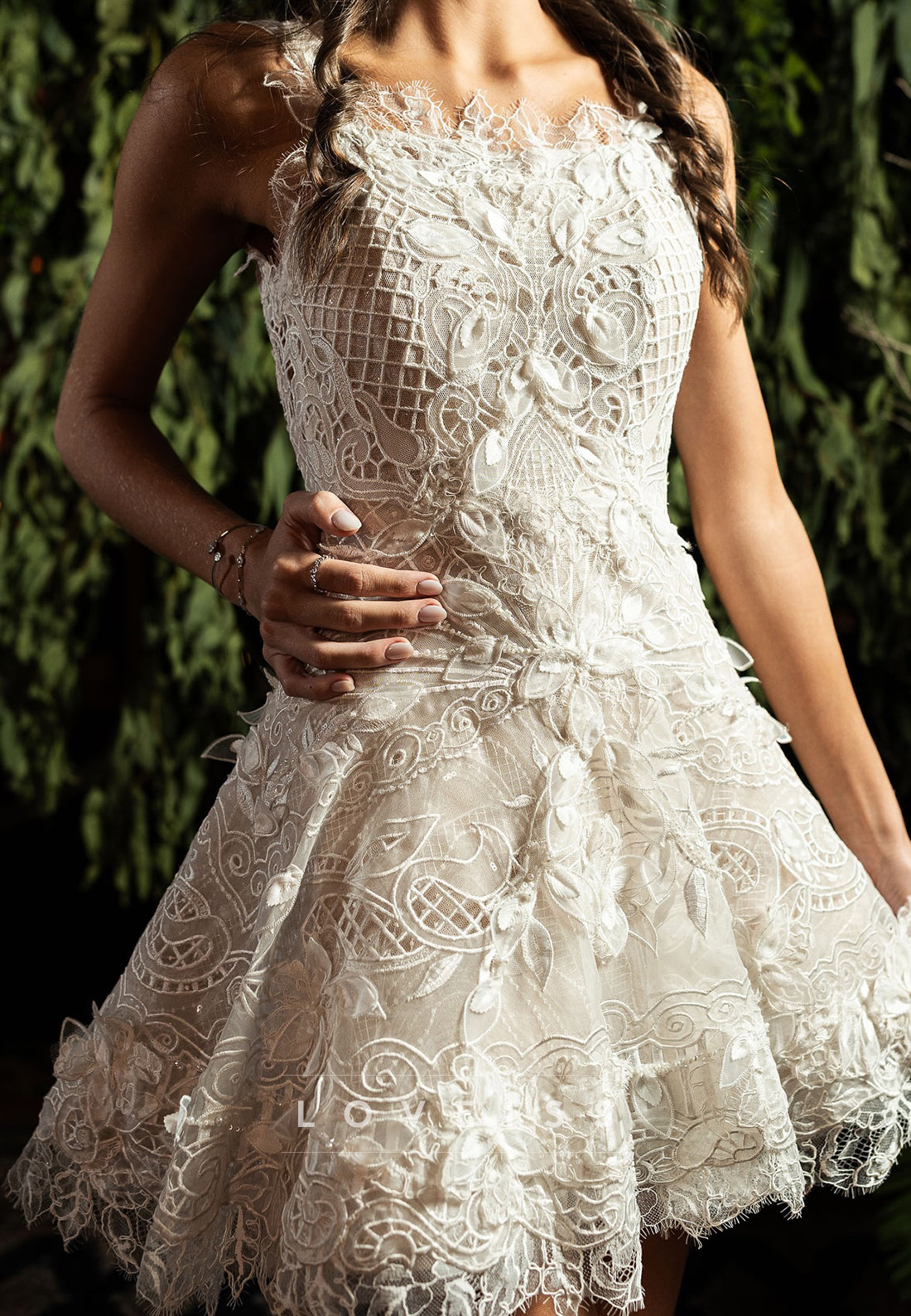 Scoop Long Sleeves Floral Appliques Short A-Line Wedding Dress