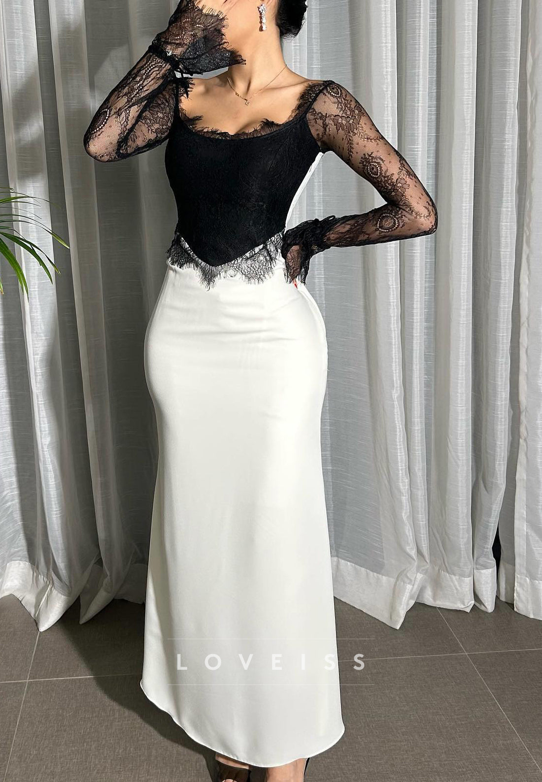 Scoop Long Sleeves Lace Appliques Mermaid Evening Dress