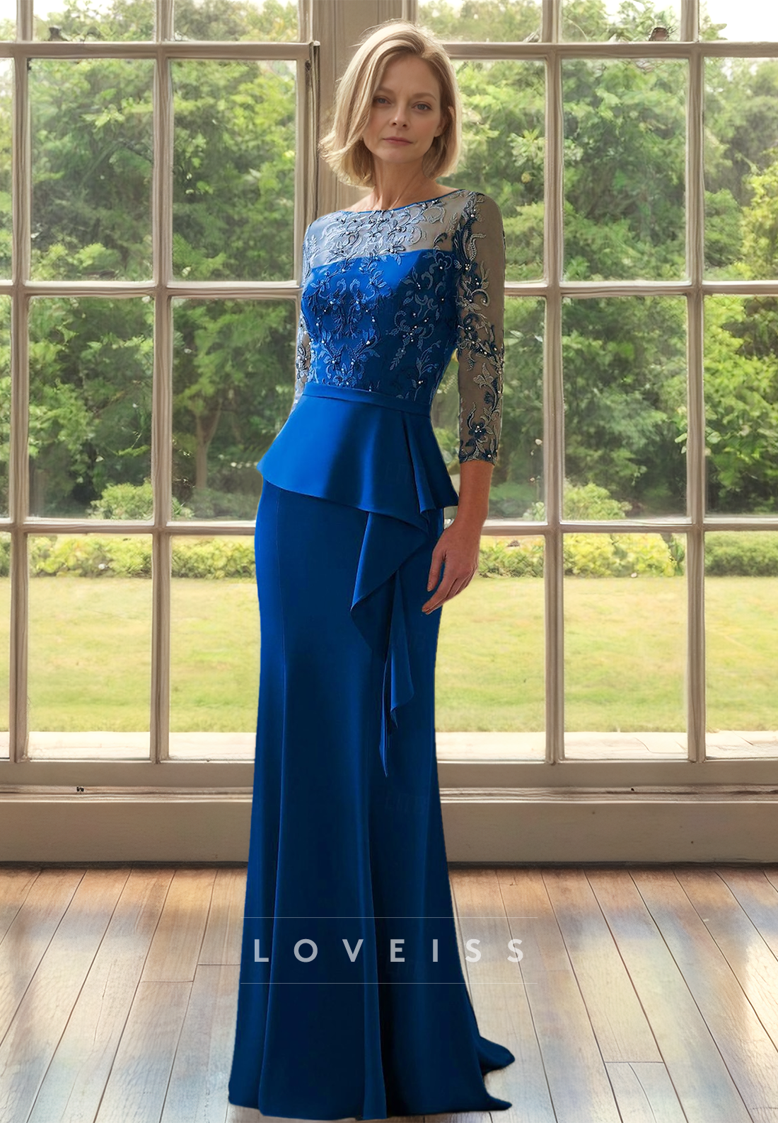 Scoop Long Sleeves Lace Appliques Ruffled Sheath Mother of Bride Dress