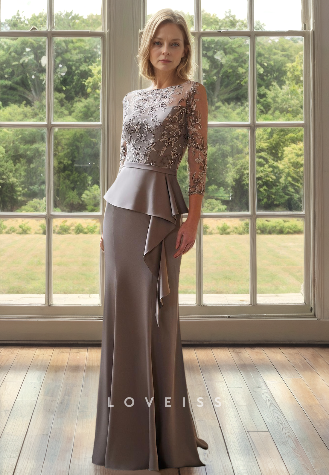 Scoop Long Sleeves Lace Appliques Ruffled Sheath Mother of Bride Dress