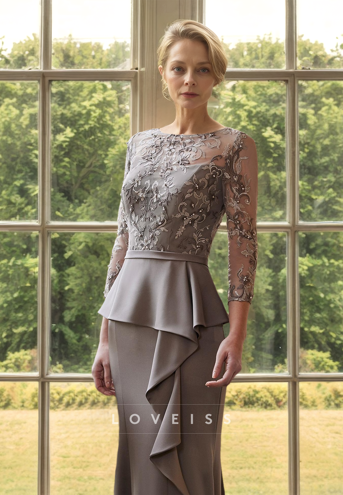Scoop Long Sleeves Lace Appliques Ruffled Sheath Mother of Bride Dress