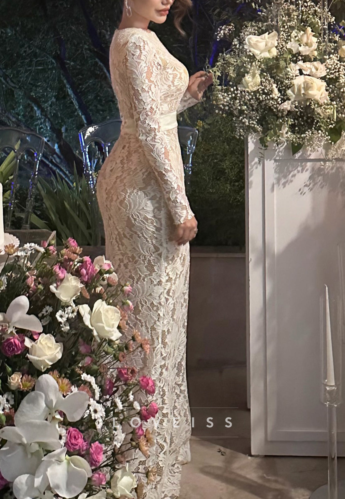 Scoop Long Sleeves Lace Appliques Mermaid Wedding Dress