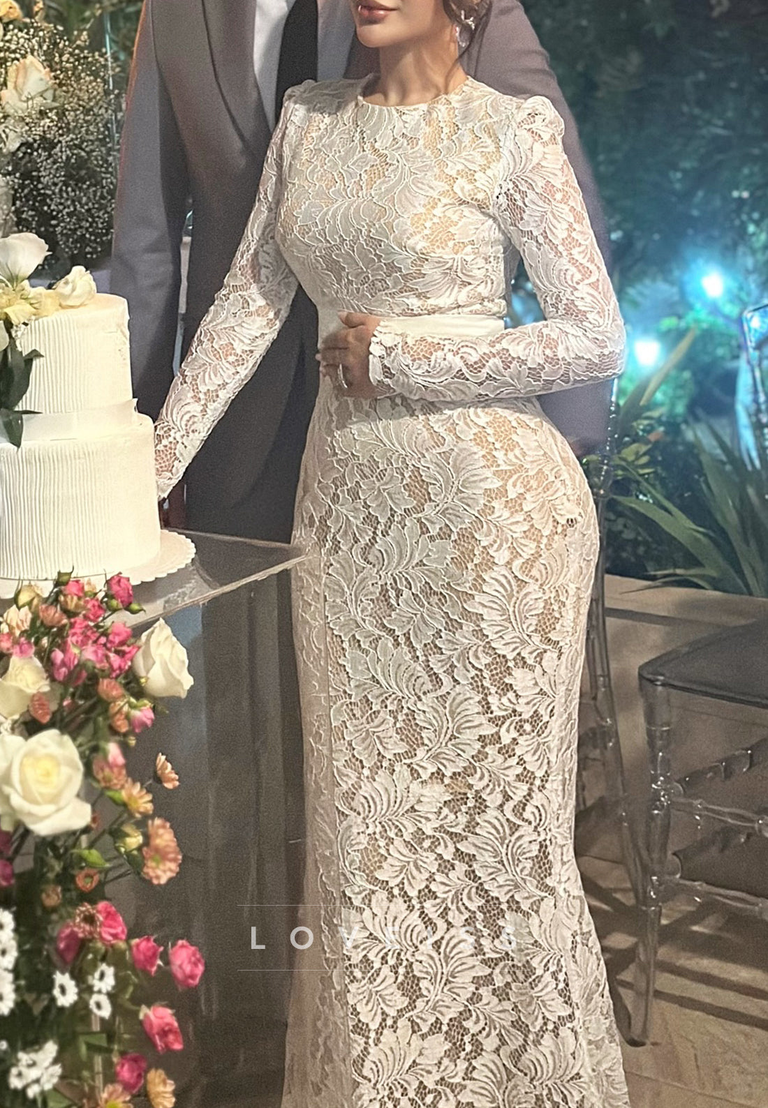 Scoop Long Sleeves Lace Appliques Mermaid Wedding Dress