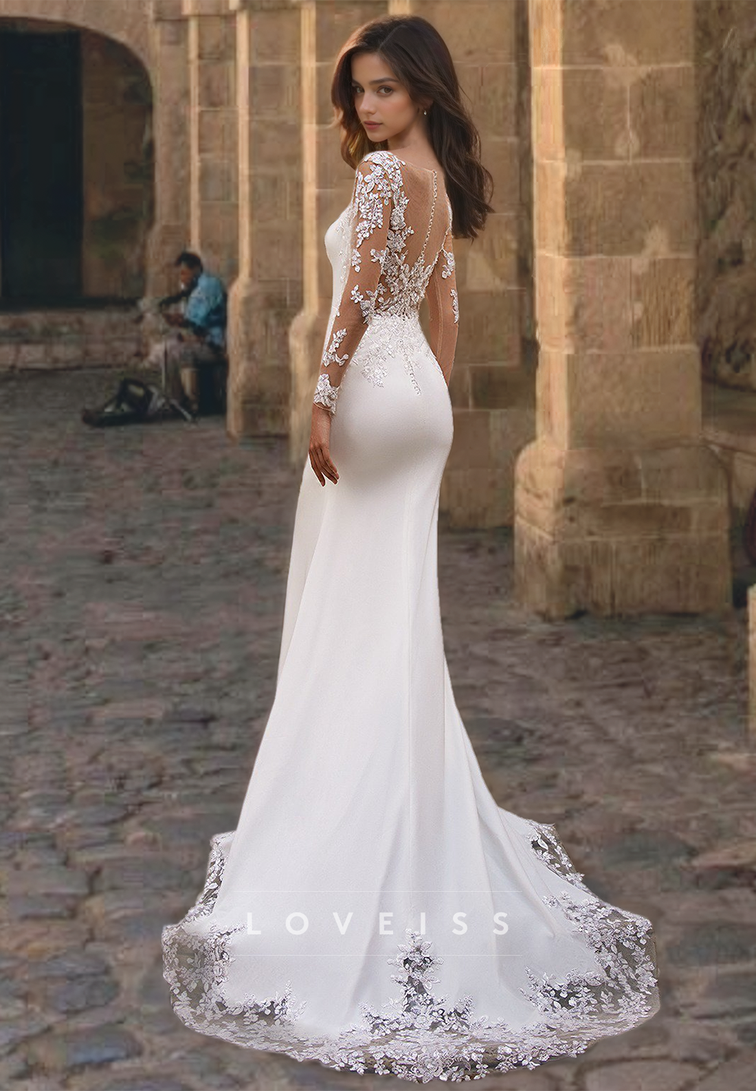 Scoop Long Sleeves Lace Appliques Sleek Mermaid Wedding Dress