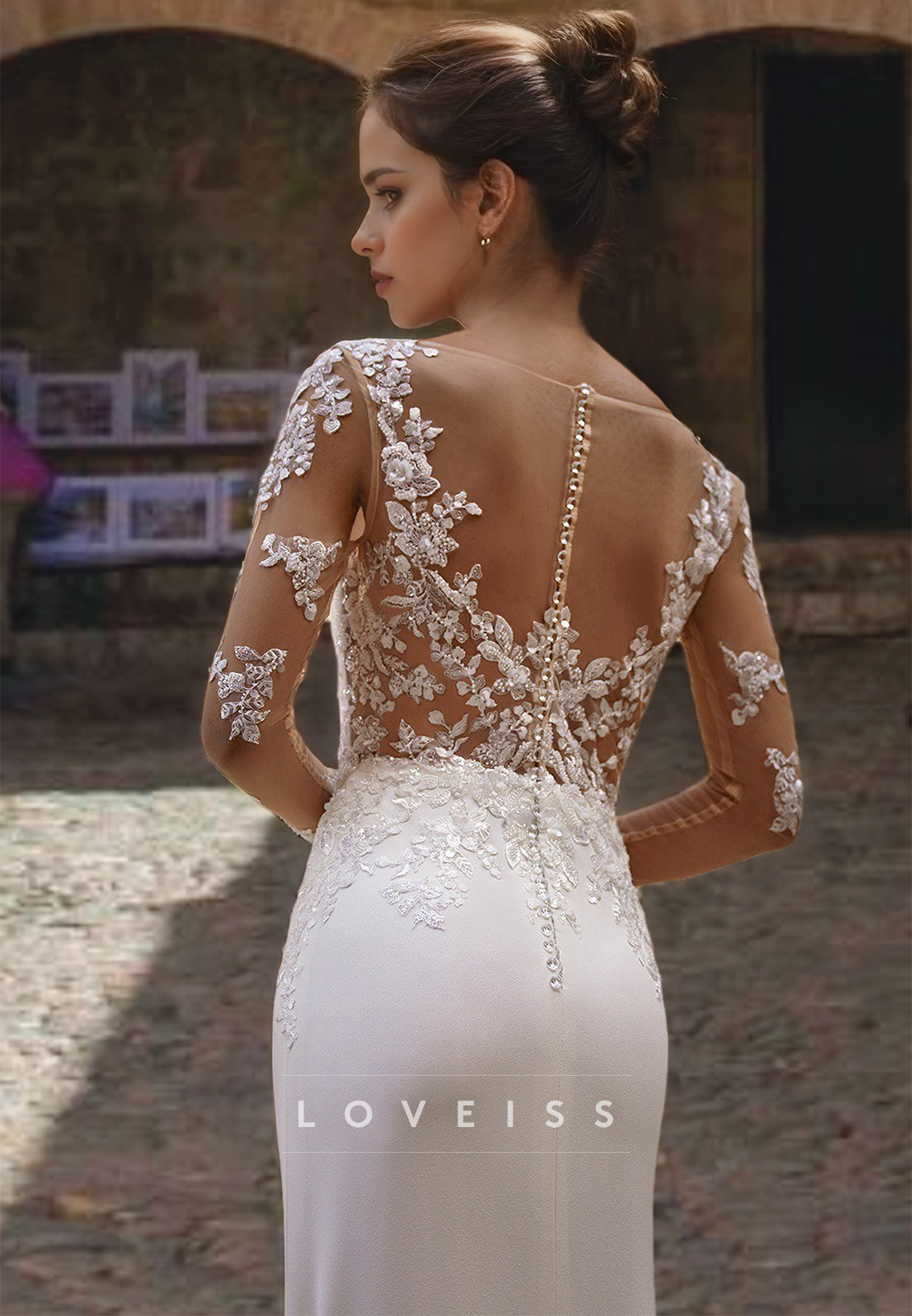 Scoop Long Sleeves Lace Appliques Sleek Mermaid Wedding Dress