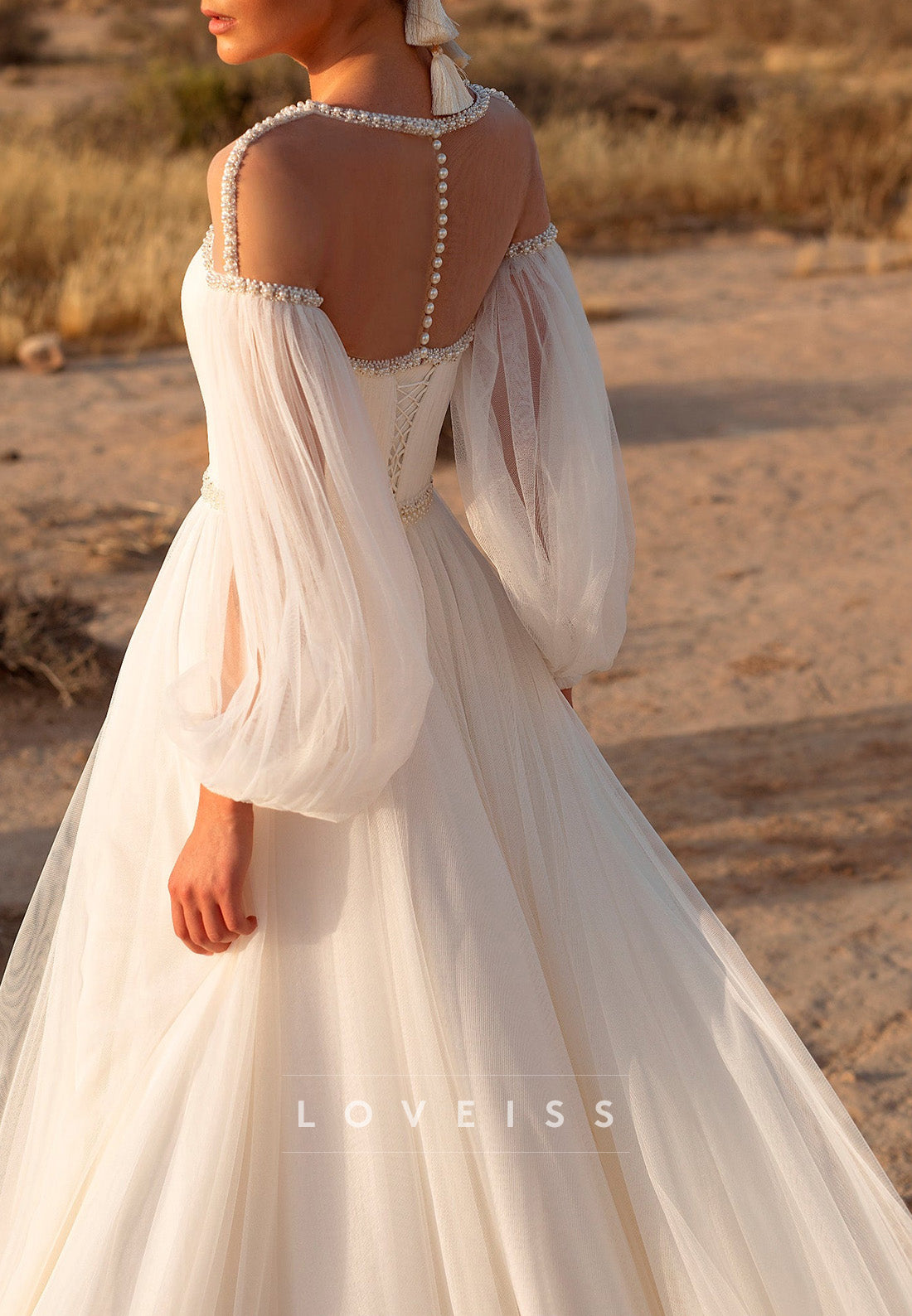 Scoop Long Sleeves Pearl Tulle A-Line Boho Wedding Dress
