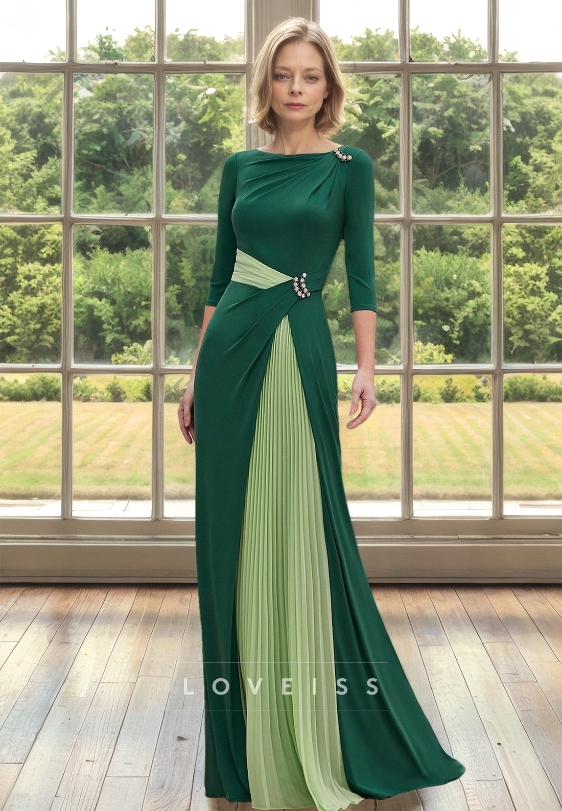 Scoop Long Sleeves Pleated A-Line Simple Mother of Bride Dress