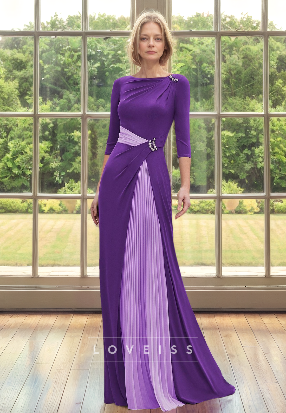 Scoop Long Sleeves Pleated A-Line Simple Mother of Bride Dress