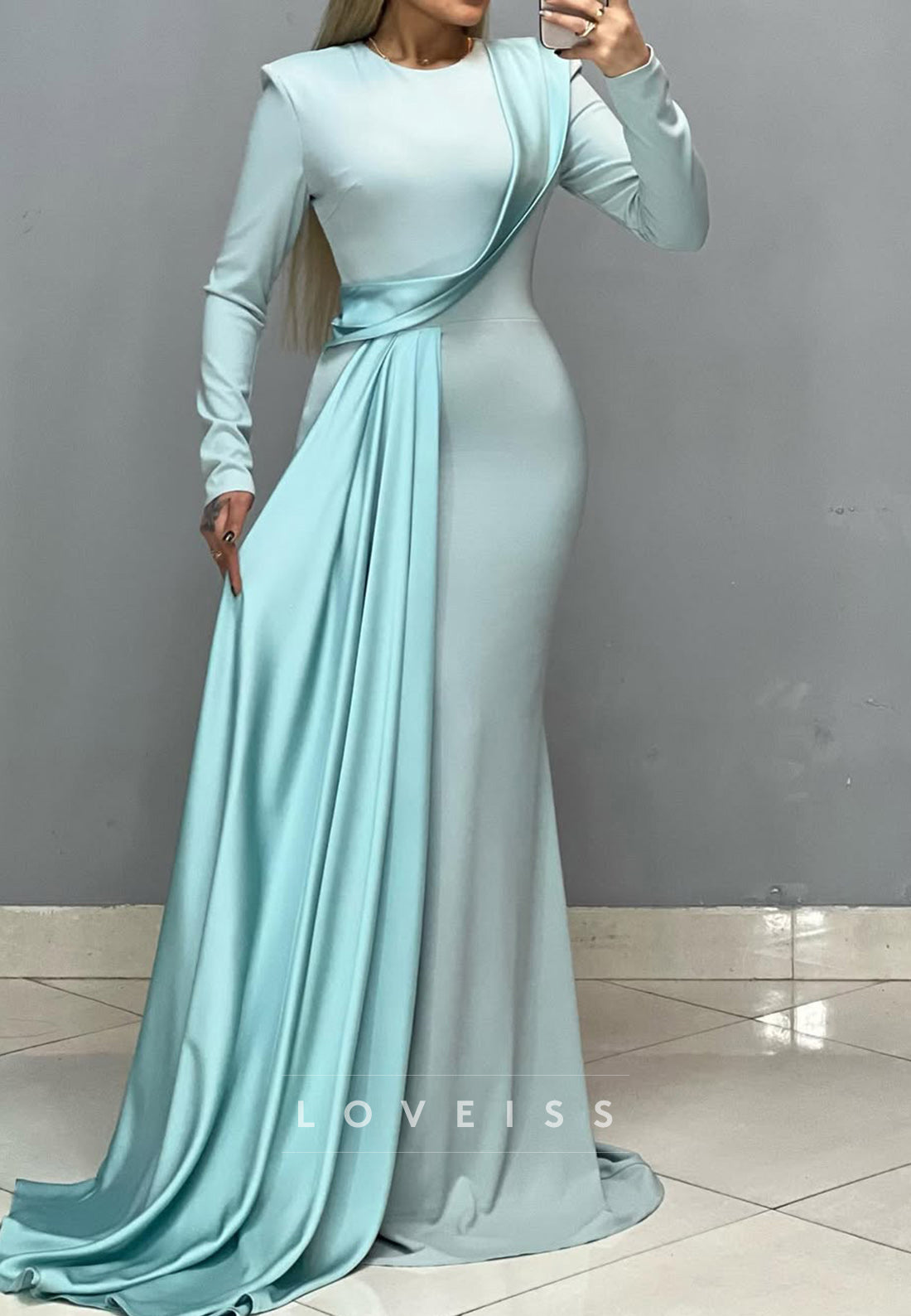 Scoop Long Sleeves Pleated Mermaid Formal Dress