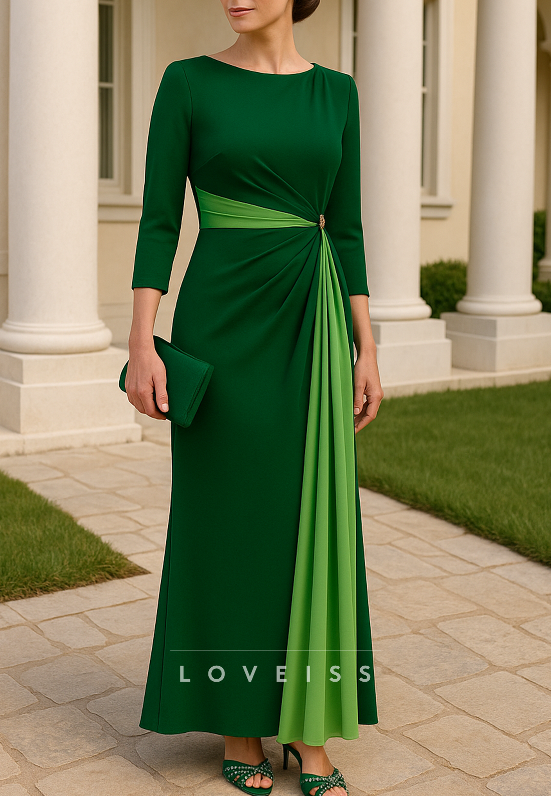 Scoop Long Sleeves Pleated Sheath Mother of Bride Dress