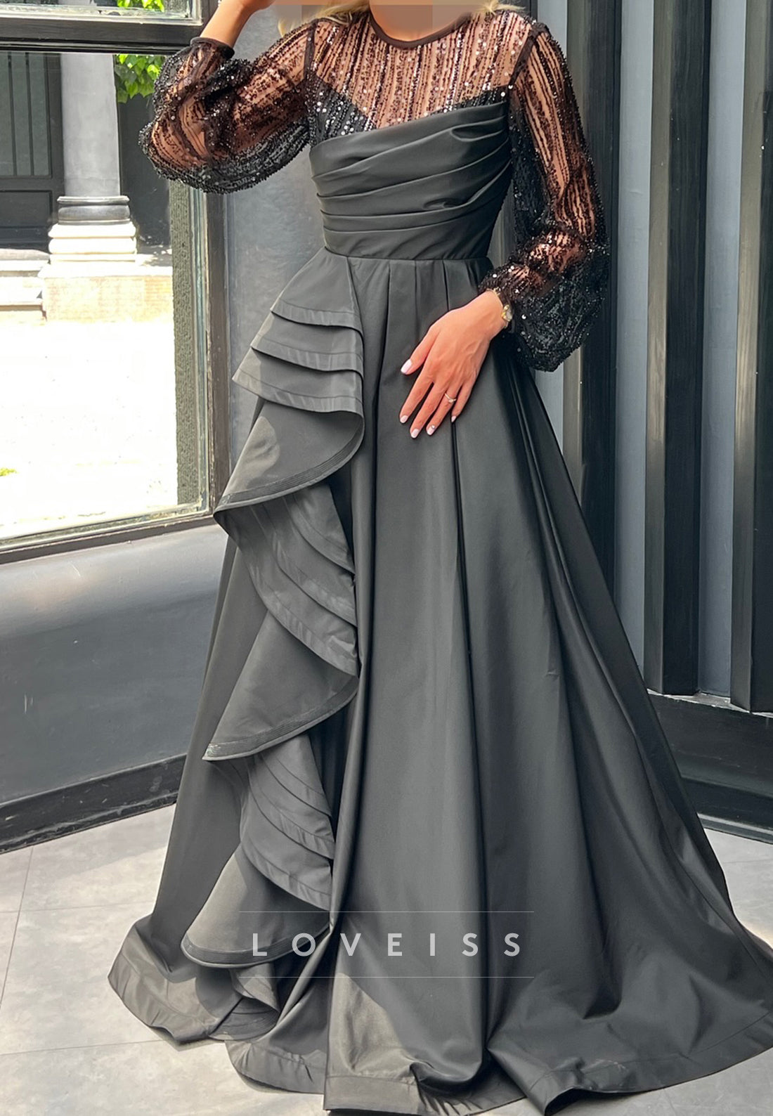 Scoop Long Sleeves Ruffles Mother of Bride A-Line Evening Dress
