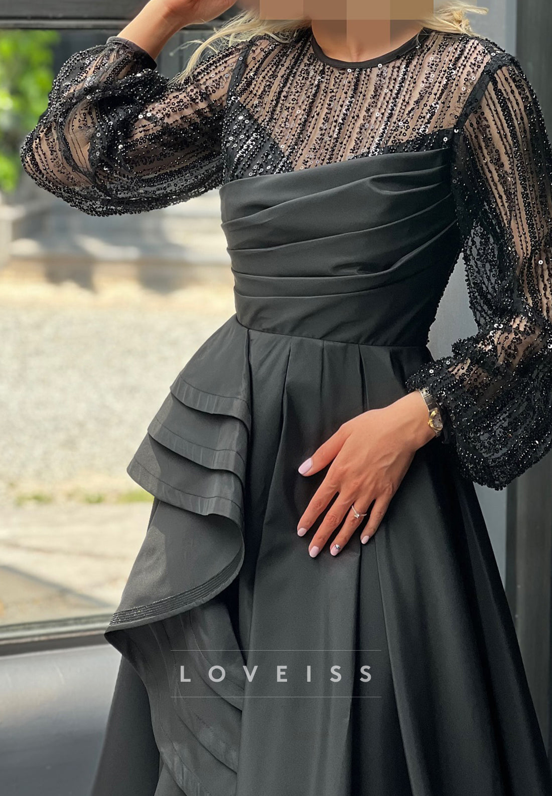 Scoop Long Sleeves Ruffles Mother of Bride A-Line Evening Dress