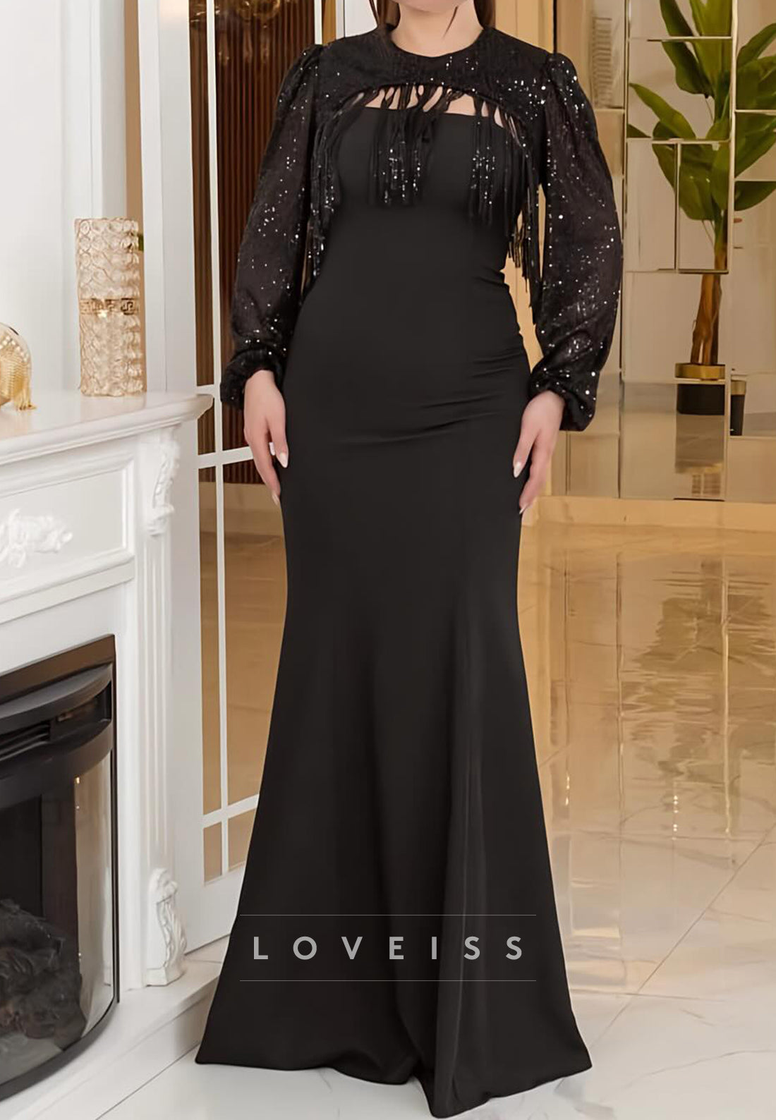 Scoop Long Sleeves Sequins Mermaid Mother of Bride Dress