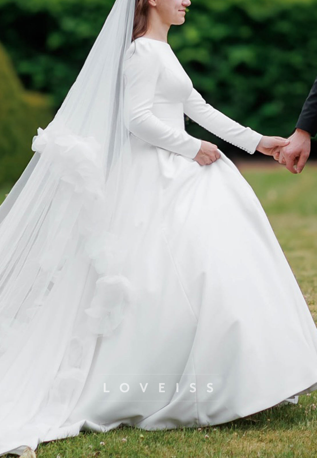 Scoop Long Sleeves Sleek Satin A-Line Wedding Dress