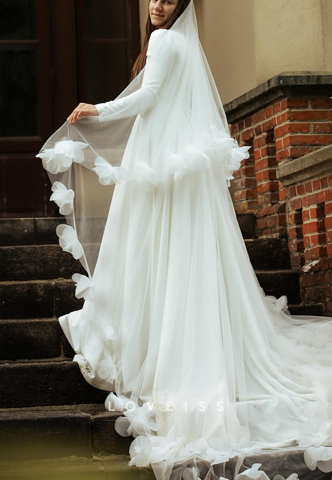 Scoop Long Sleeves Sleek Satin A-Line Wedding Dress