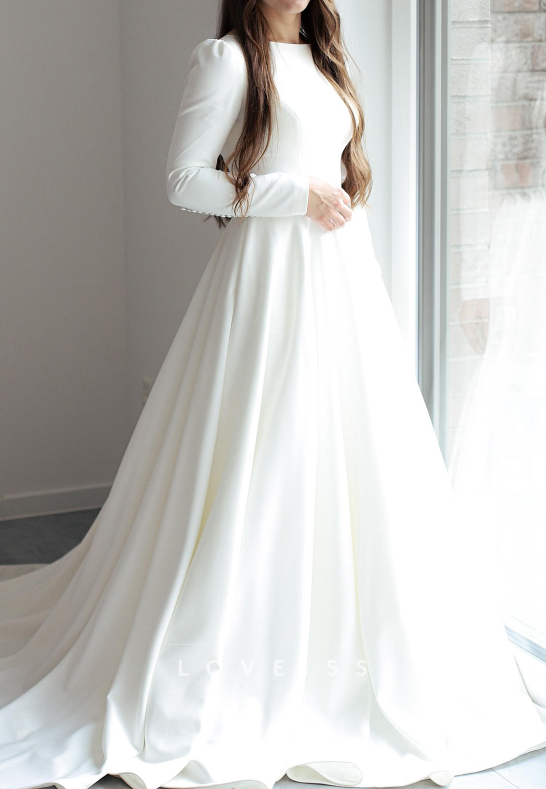 Scoop Long Sleeves Sleek Satin A-Line Wedding Dress