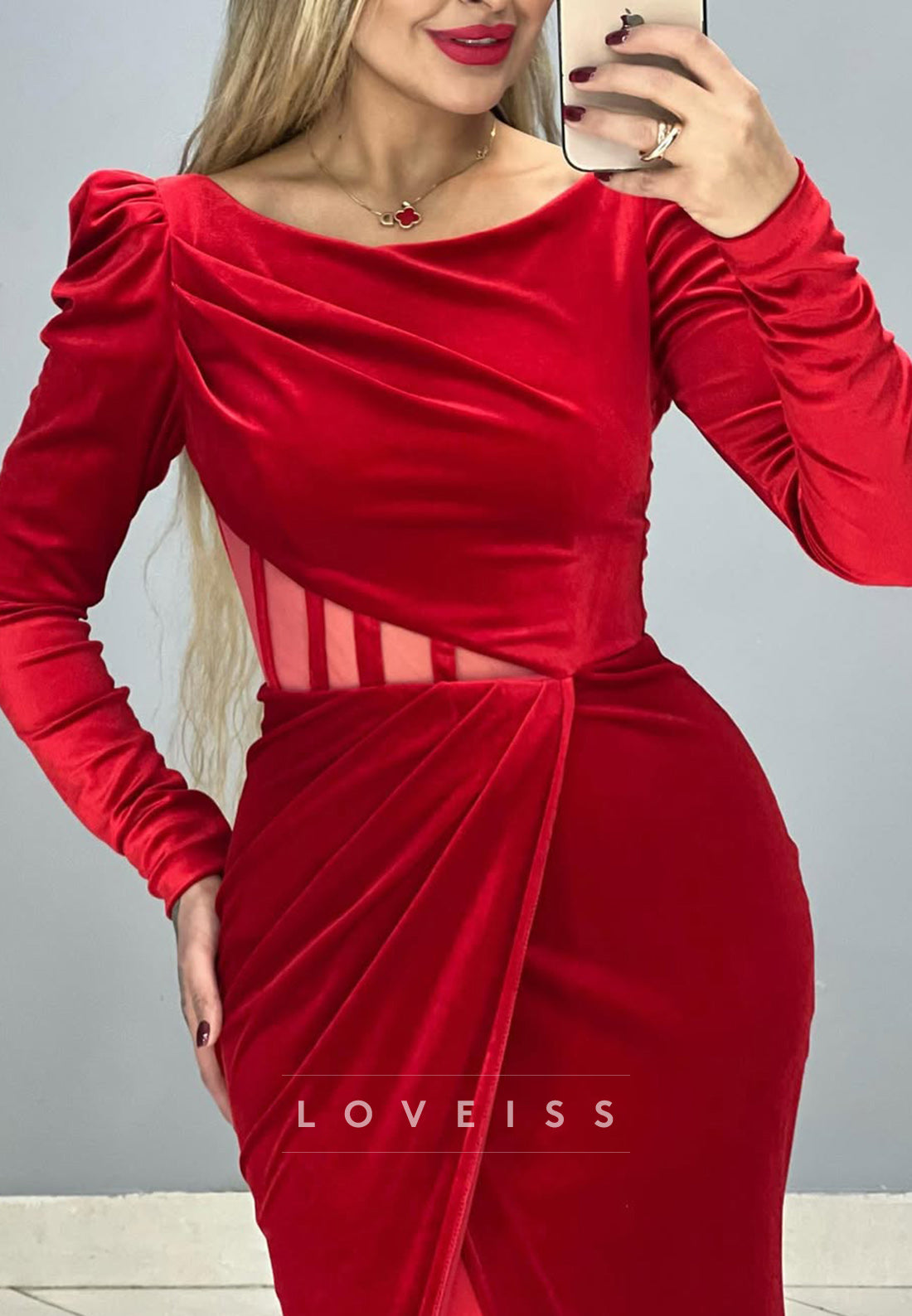 Scoop Long Sleeves Velvet Ruched Formal Dress