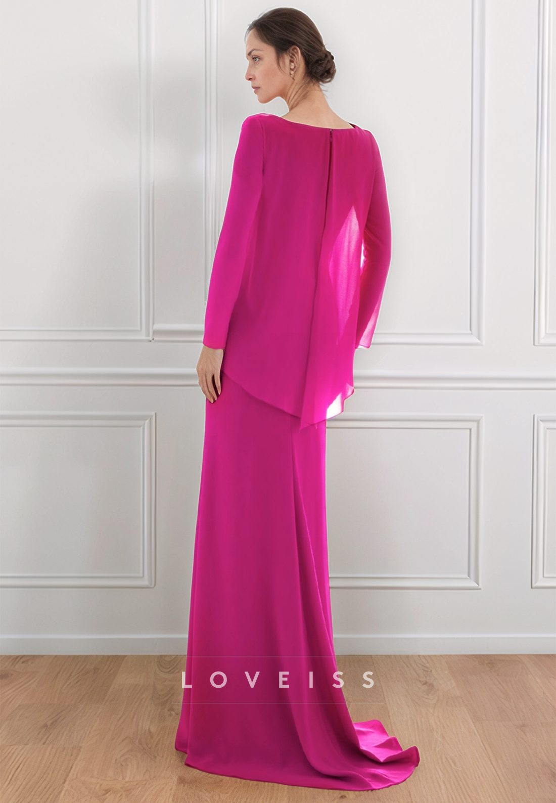 Scoop Long Sleevs Chiffon Sheath Mother of Bride Dress