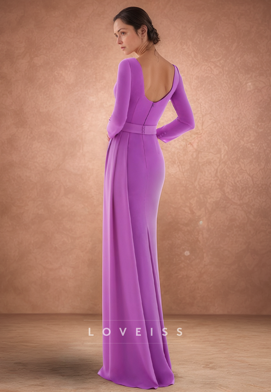 Scoop Long Sleevs Pleated Mermaid Mother of Bride Dress