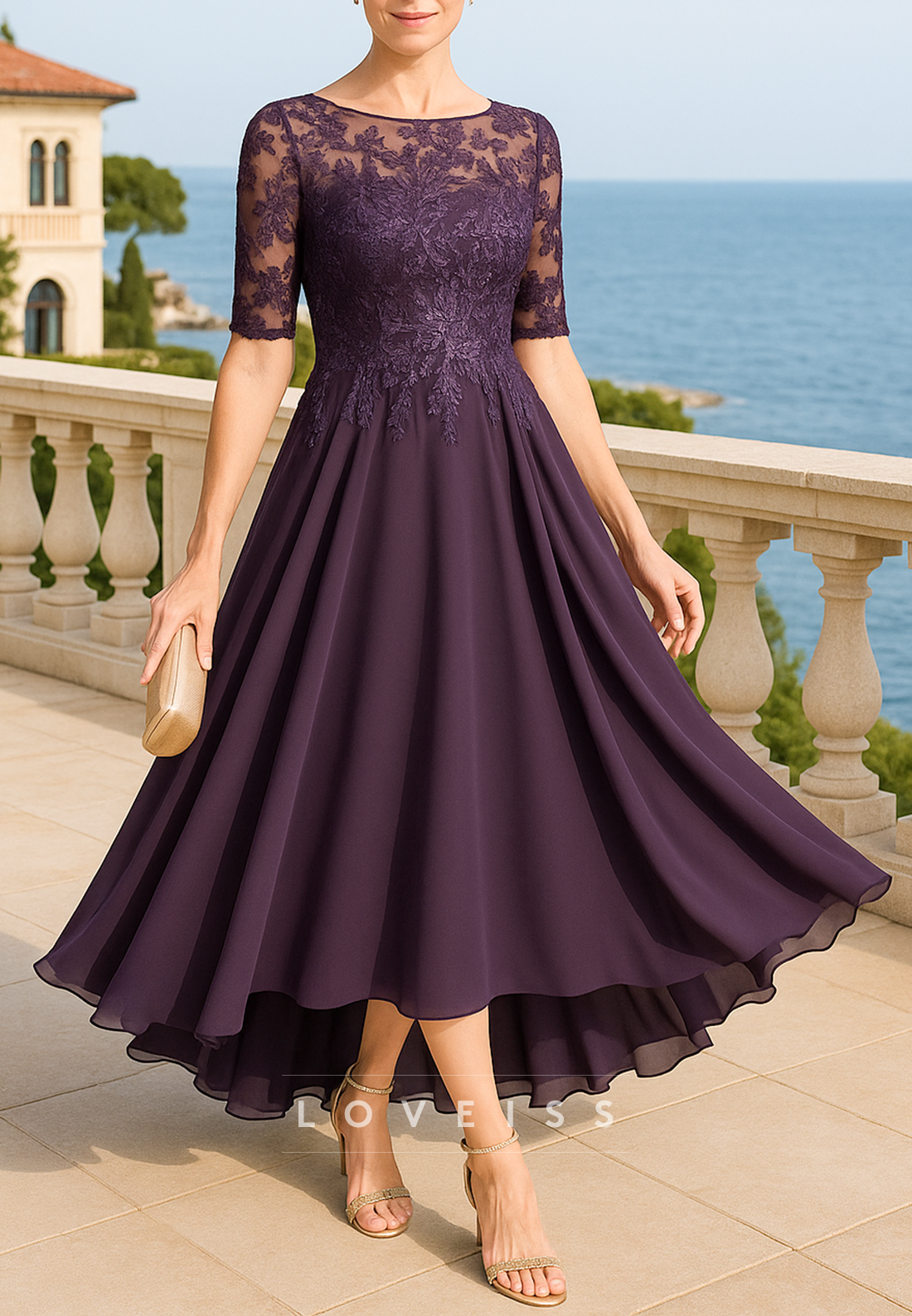 Scoop Short Sleeves Appliques A-Line Chiffon Mother of Bride Dress