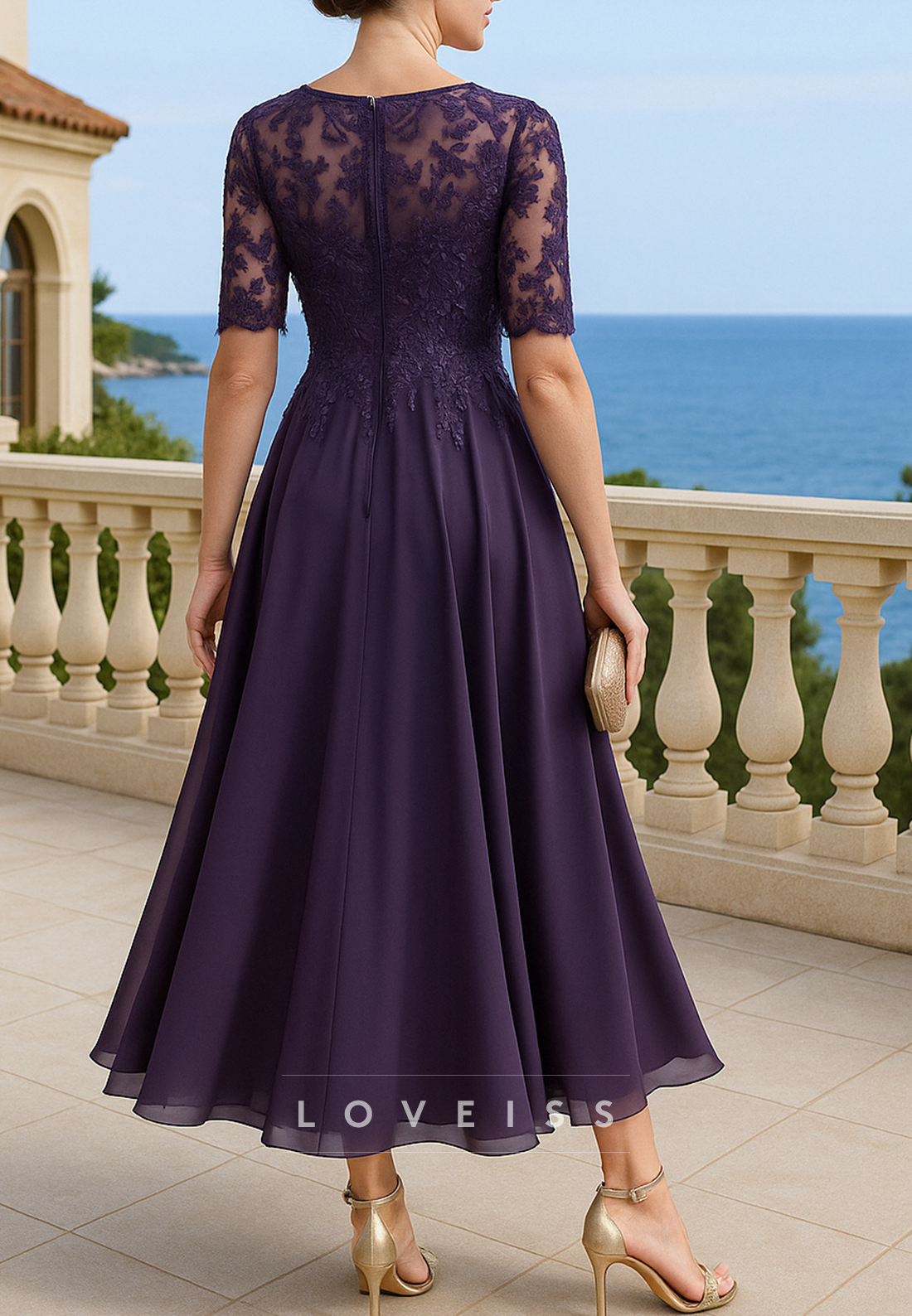 Scoop Short Sleeves Appliques A-Line Chiffon Mother of Bride Dress